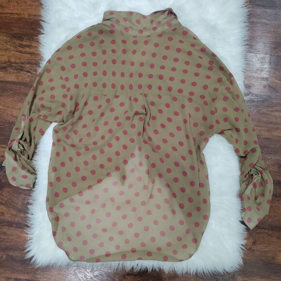 Free People Brown/Pink Polka Dot Button-Up Shirt High Low Hem Shirt Size Medium - Picture 4 of 11